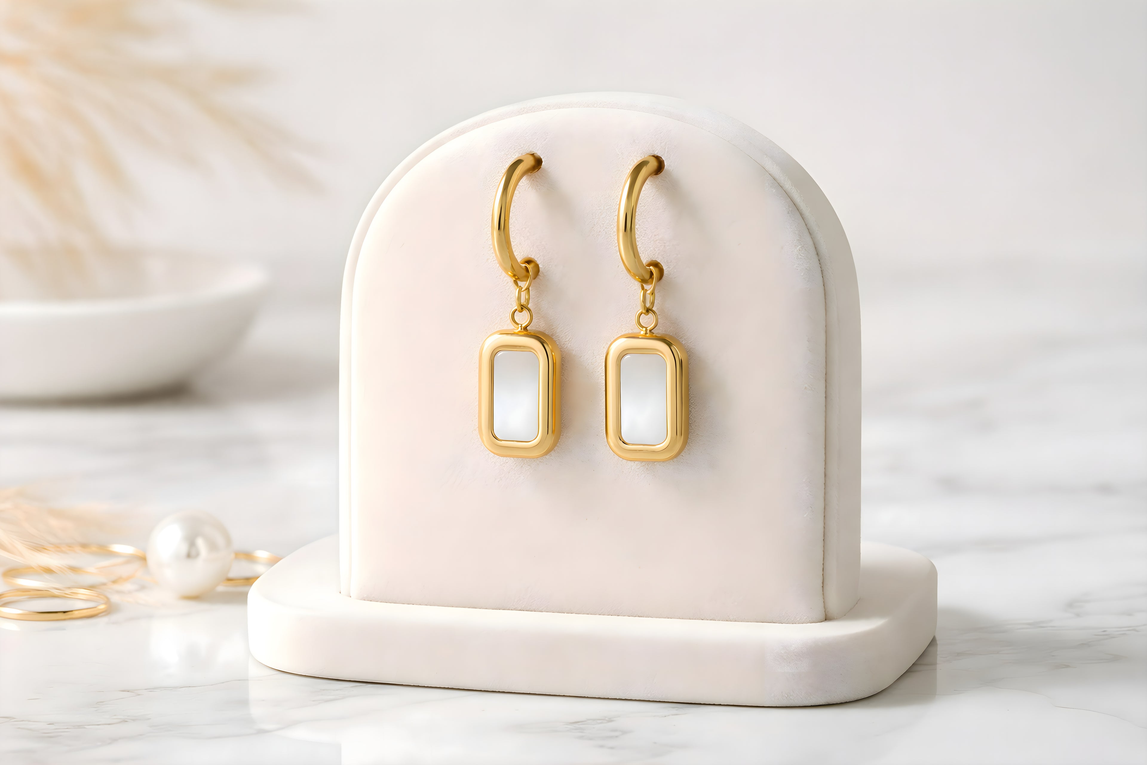 Mother-of-Pearl Rectangle Huggie Drop Earrings