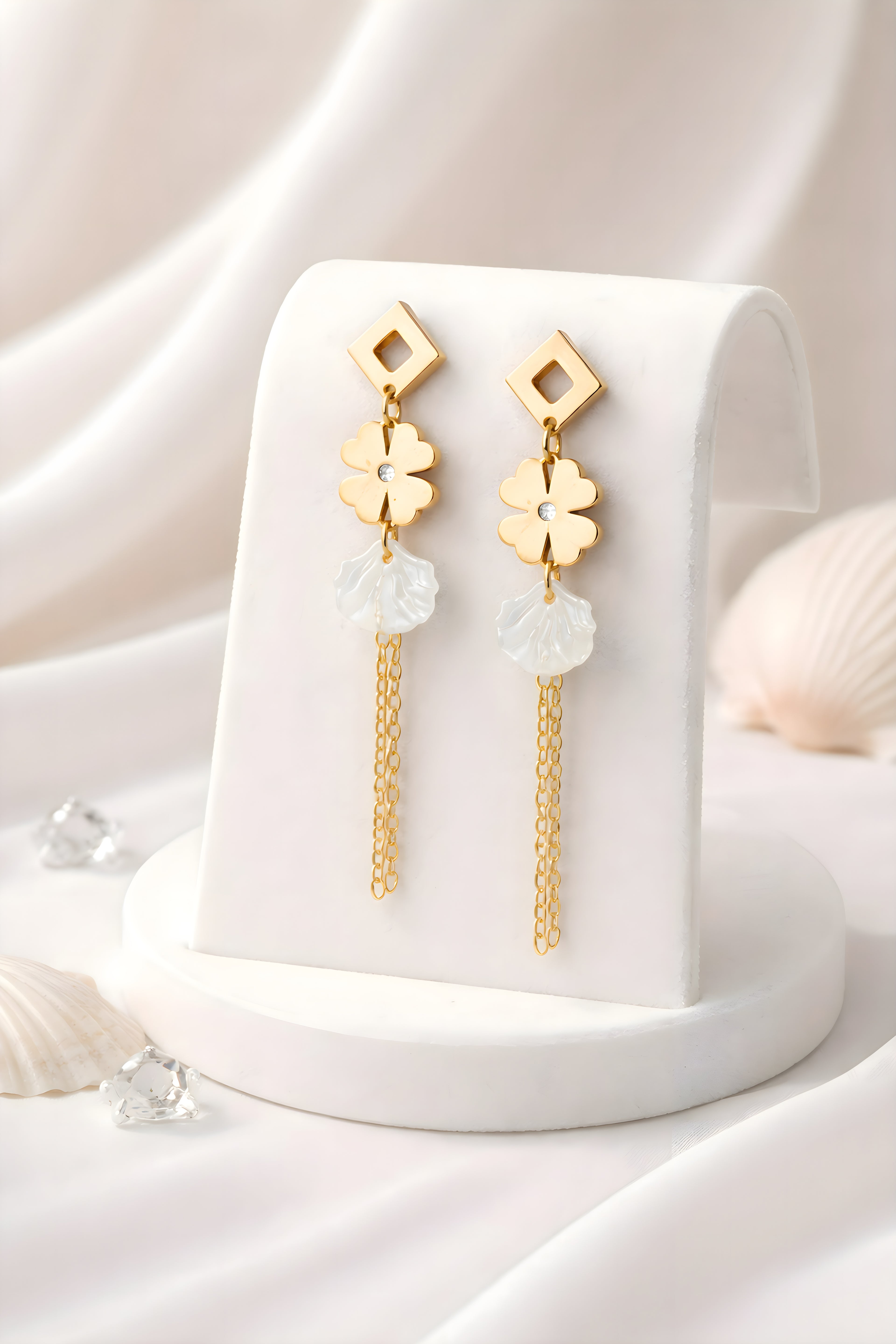 Clover, Pearl Shell & Chain Tassel Earrings