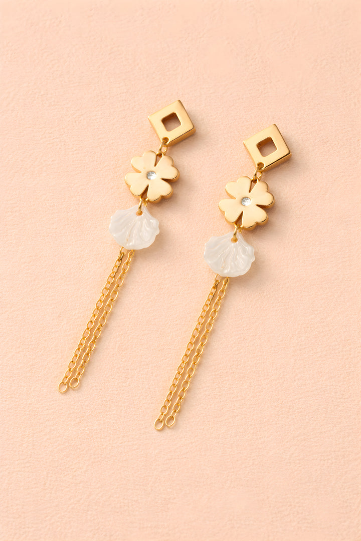 Clover, Pearl Shell & Chain Tassel Earrings