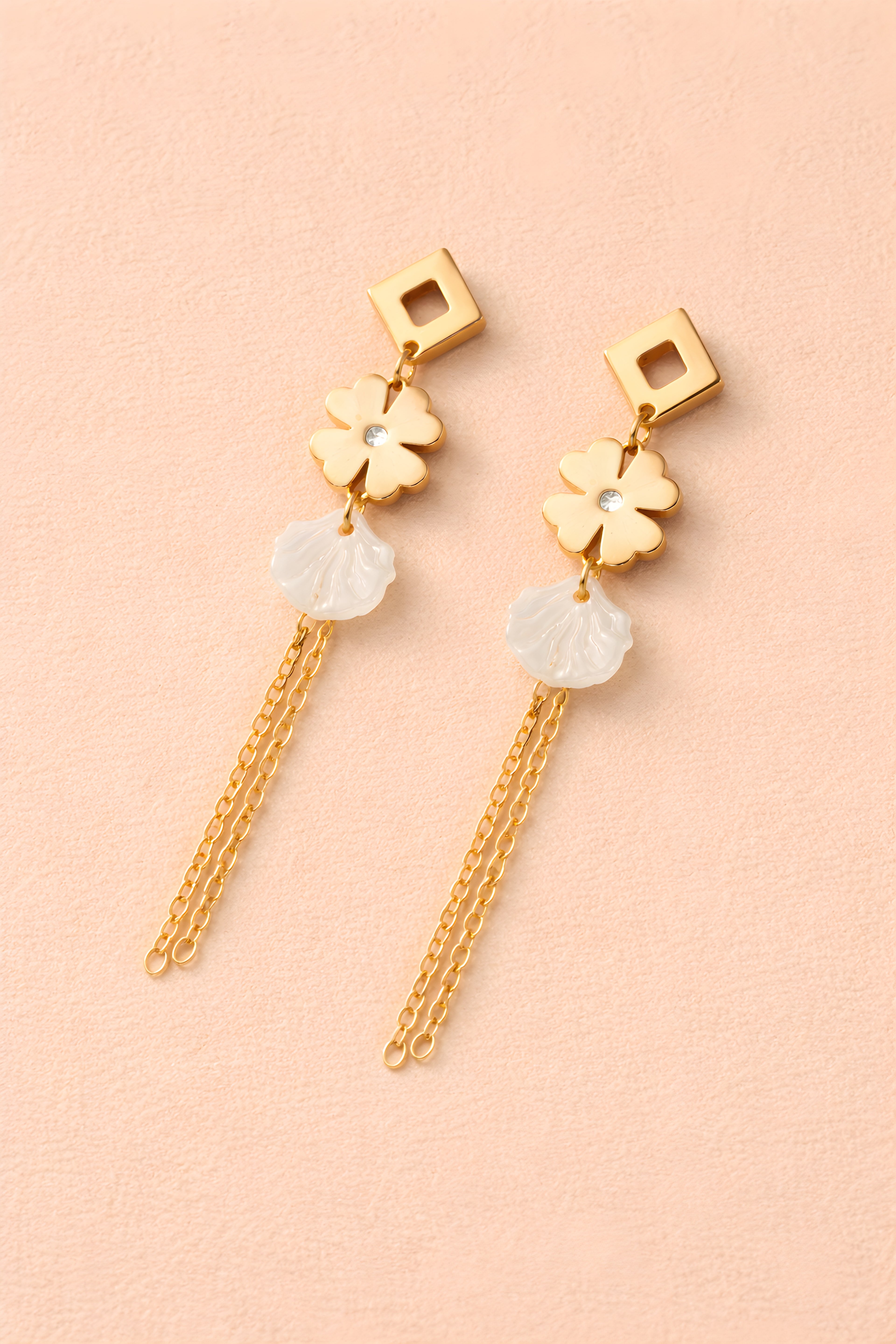 Clover, Pearl Shell & Chain Tassel Earrings