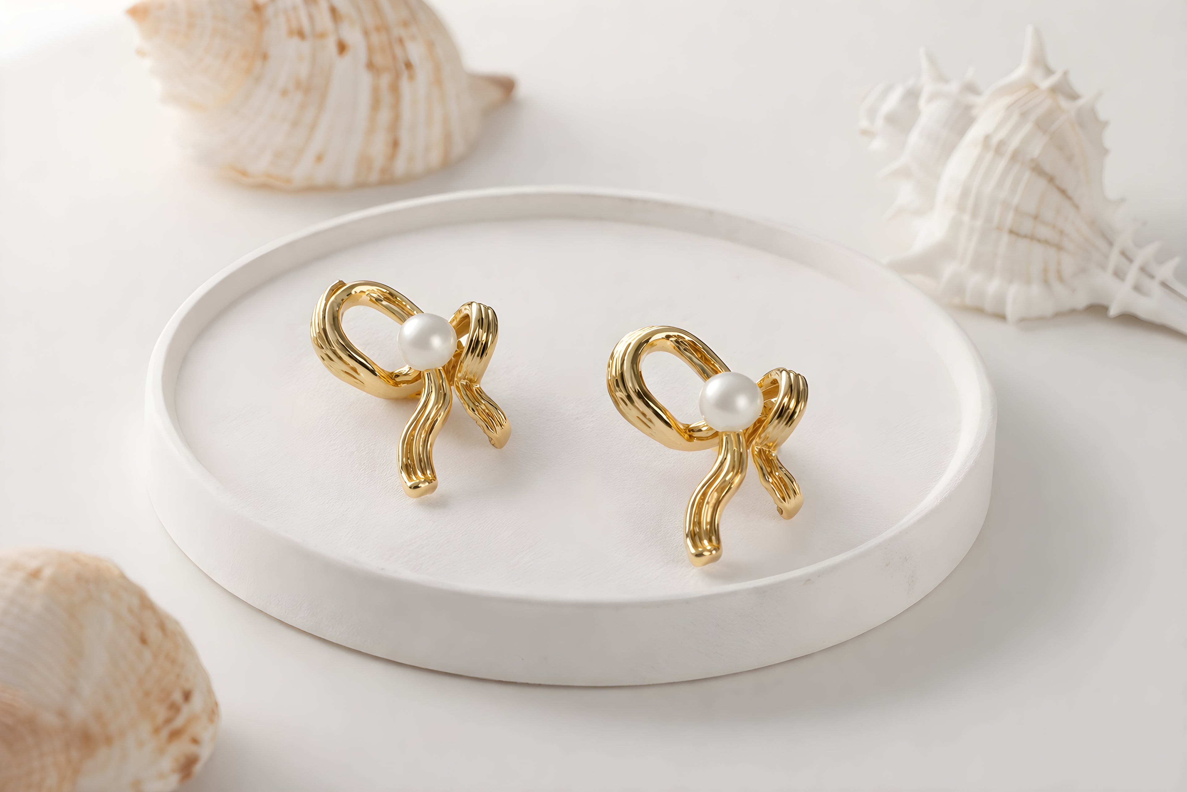 Ribbed Gold Bow & Pearl Stud Earrings