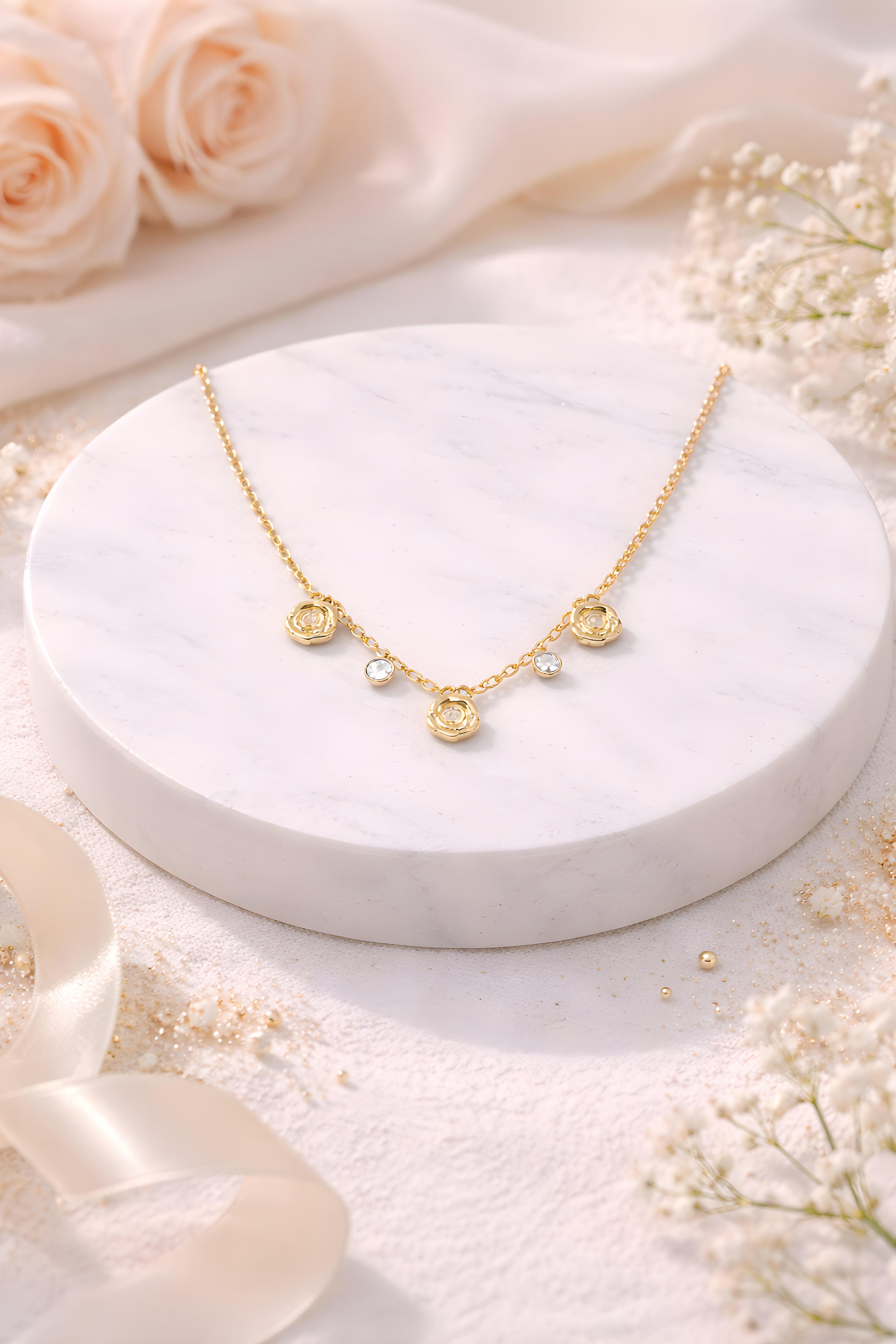 Rose Bloom & Crystal Drop Necklace