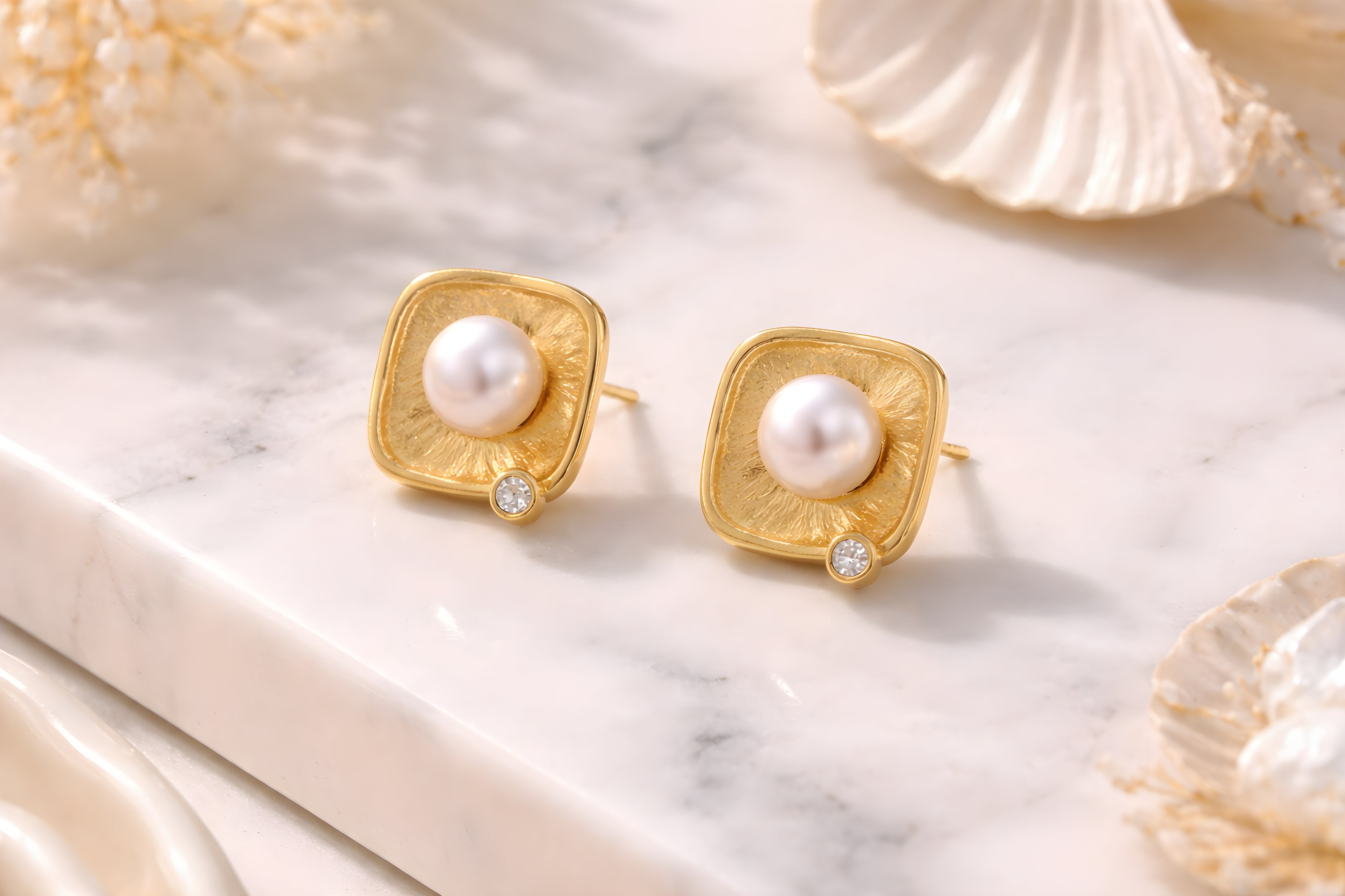 Textured Pearl Square Stud Earrings