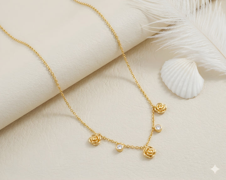 Rose Bloom & Crystal Drop Necklace