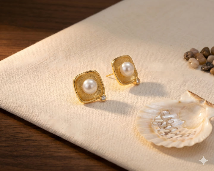 Textured Pearl Square Stud Earrings