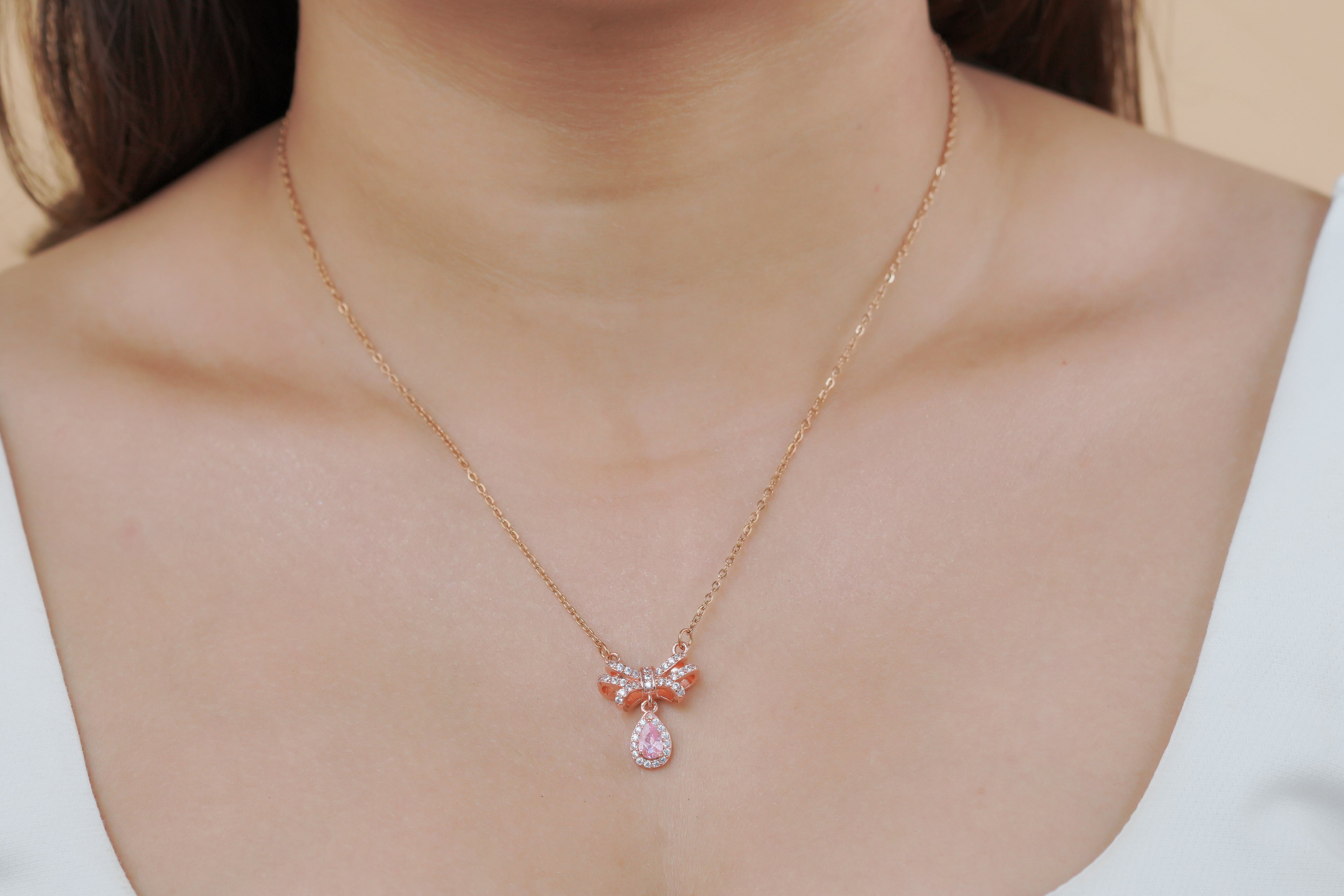 Rose Gold Bow Drop Necklace