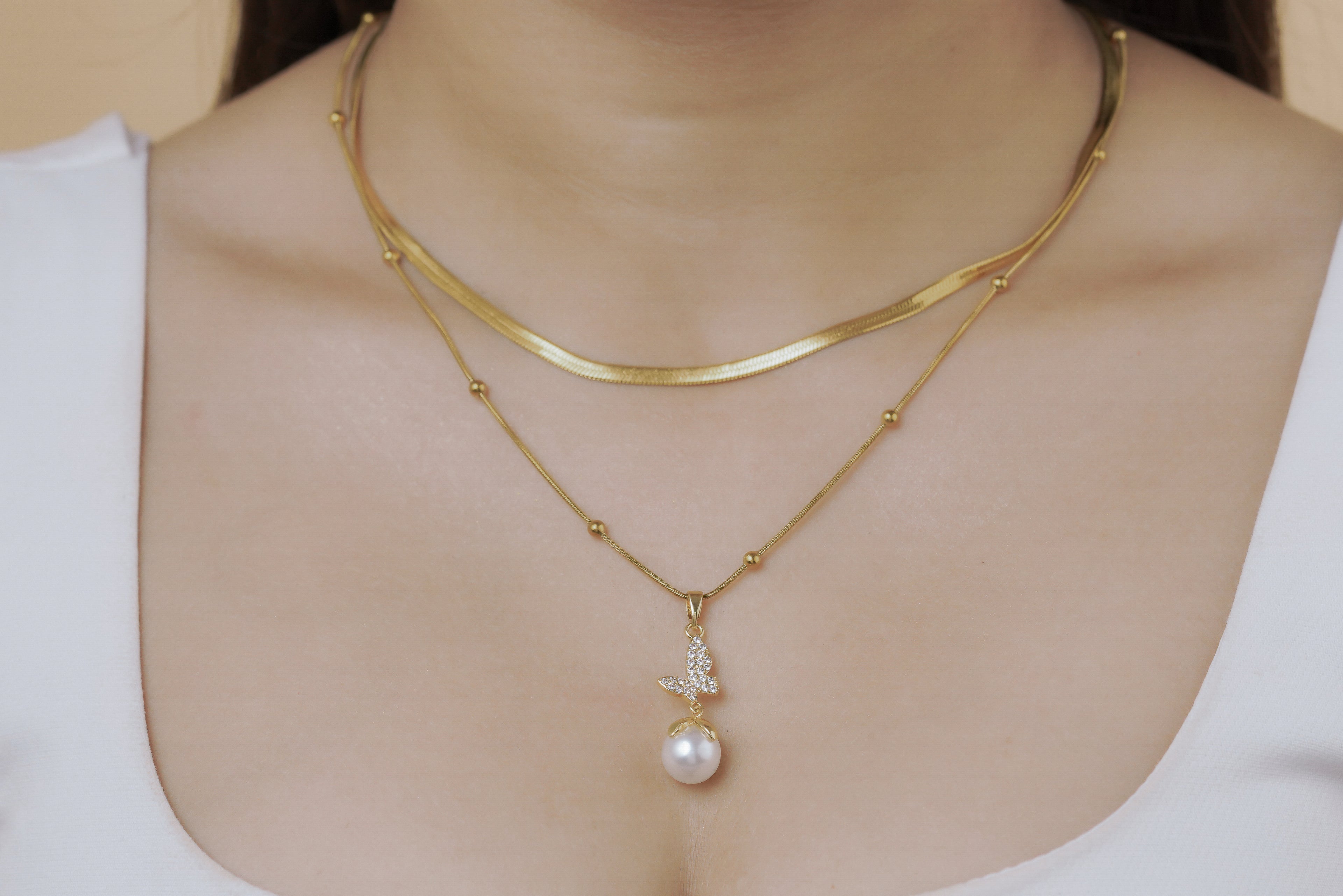 Butterfly Pearl Layered Necklace
