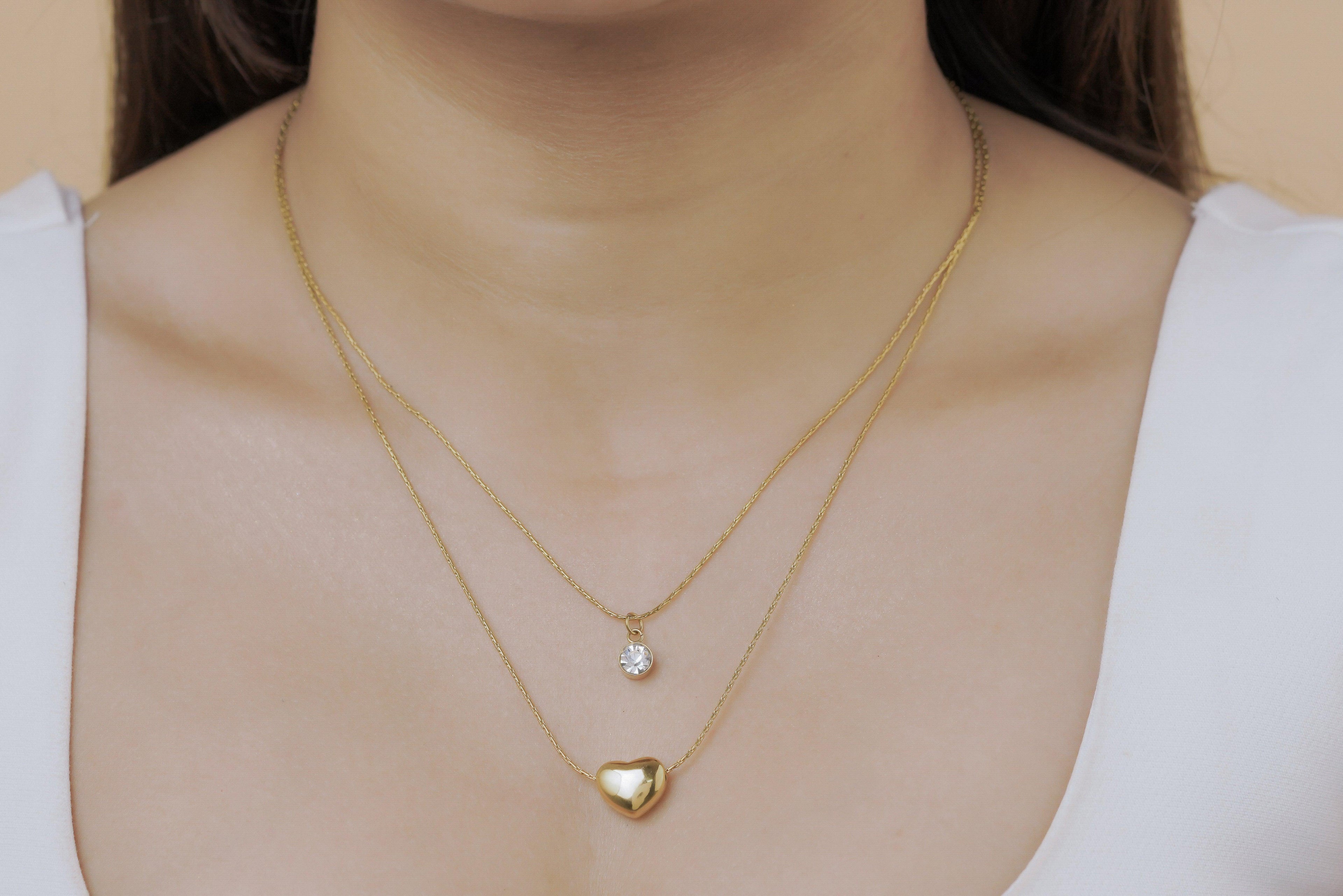 Puff Heart Solitaire Duo Necklace