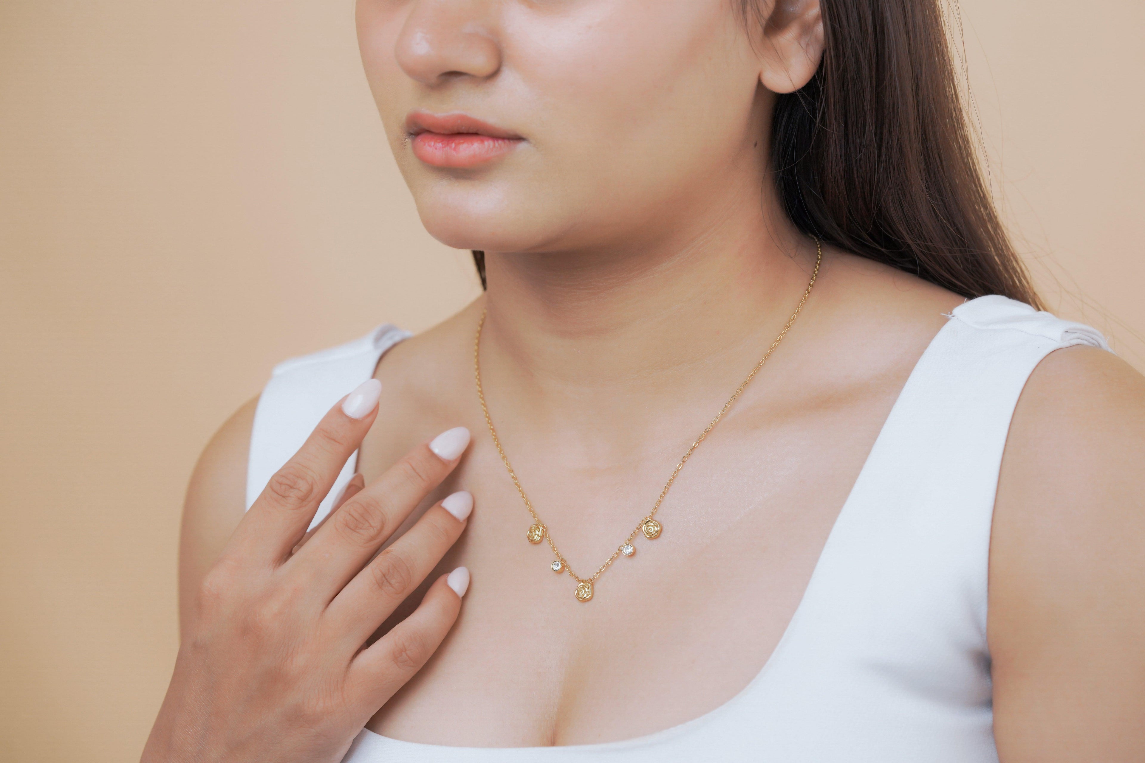 Rose Bloom & Crystal Drop Necklace