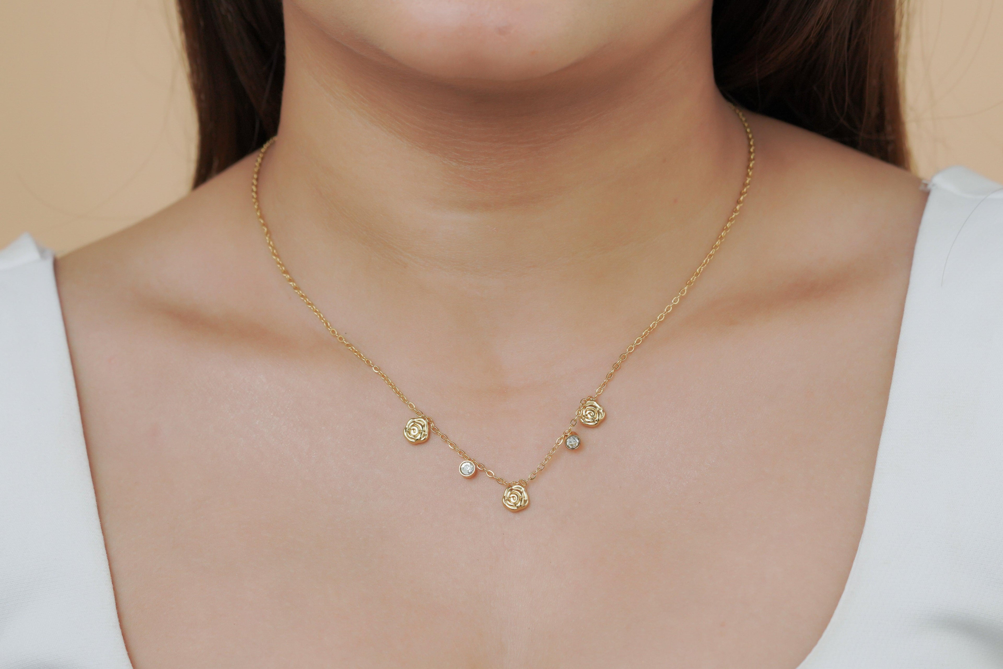 Rose Bloom & Crystal Drop Necklace