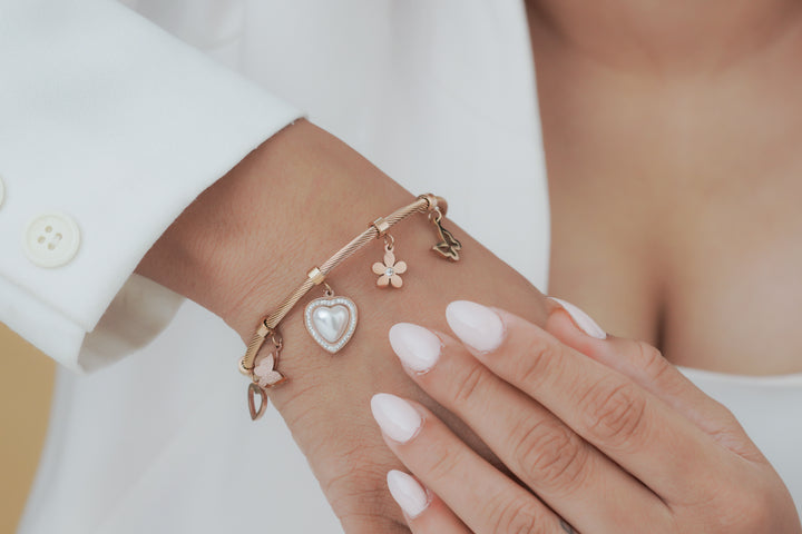 Pearl Heart, Butterfly & Daisy Charm Kada