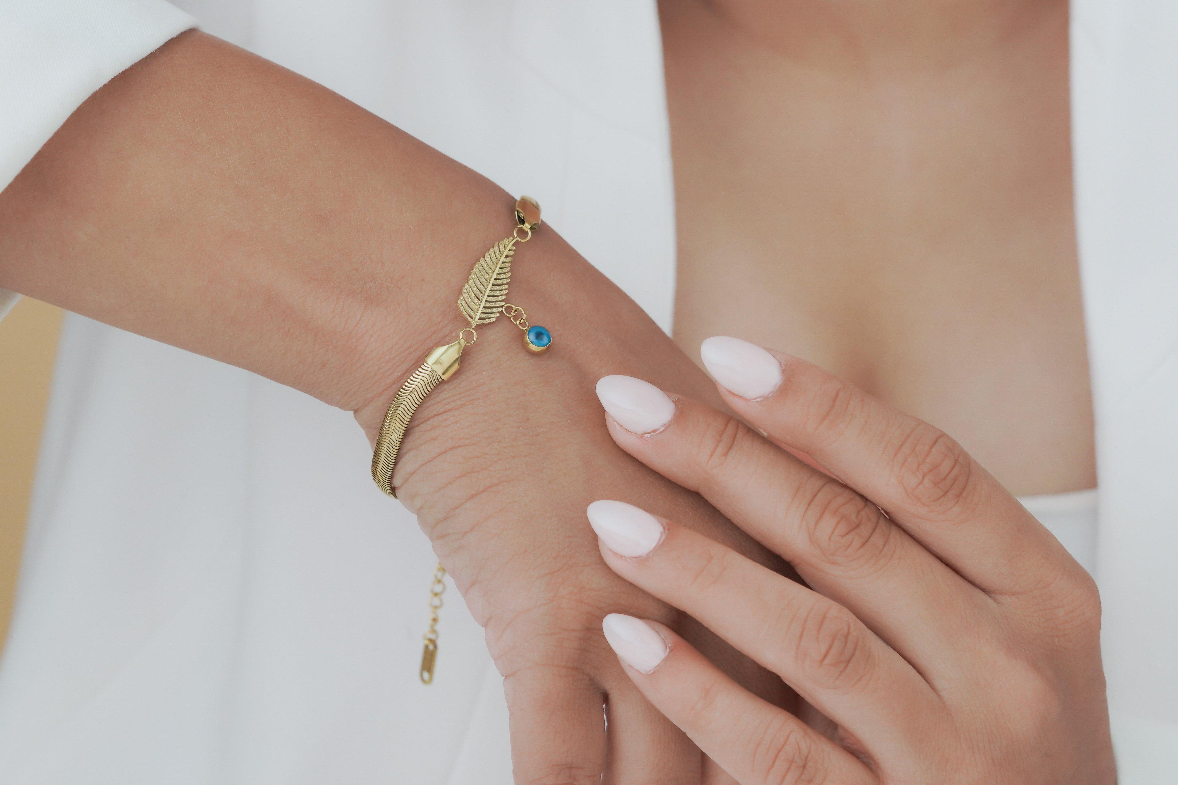 Feather & Blue Stone Herringbone Bracelet