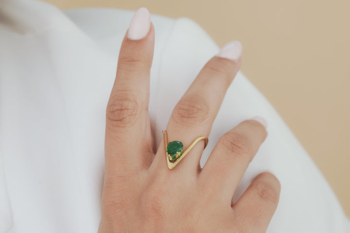 Green Stone Chevron Solitaire Ring