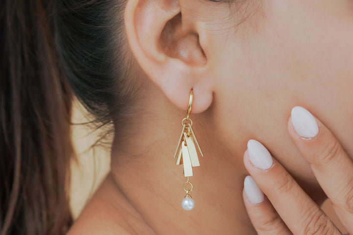Geometric Bar & Pearl Charm Earrings