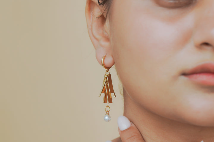 Geometric Bar & Pearl Charm Earrings