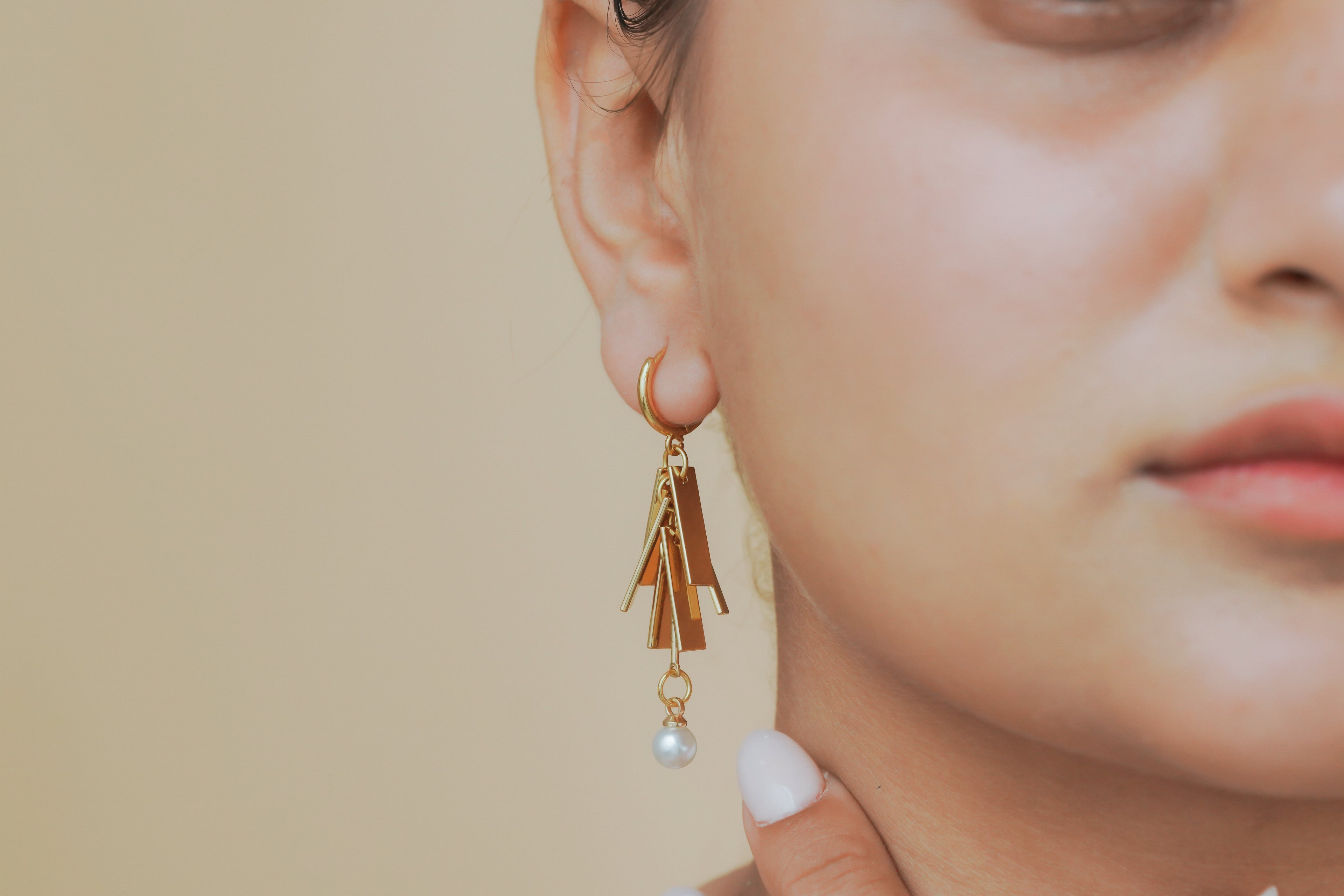Geometric Bar & Pearl Charm Earrings