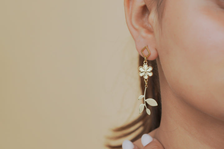 Diamond Stud & Flower Stem Drop Earrings