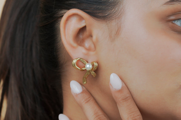 Ribbed Gold Bow & Pearl Stud Earrings