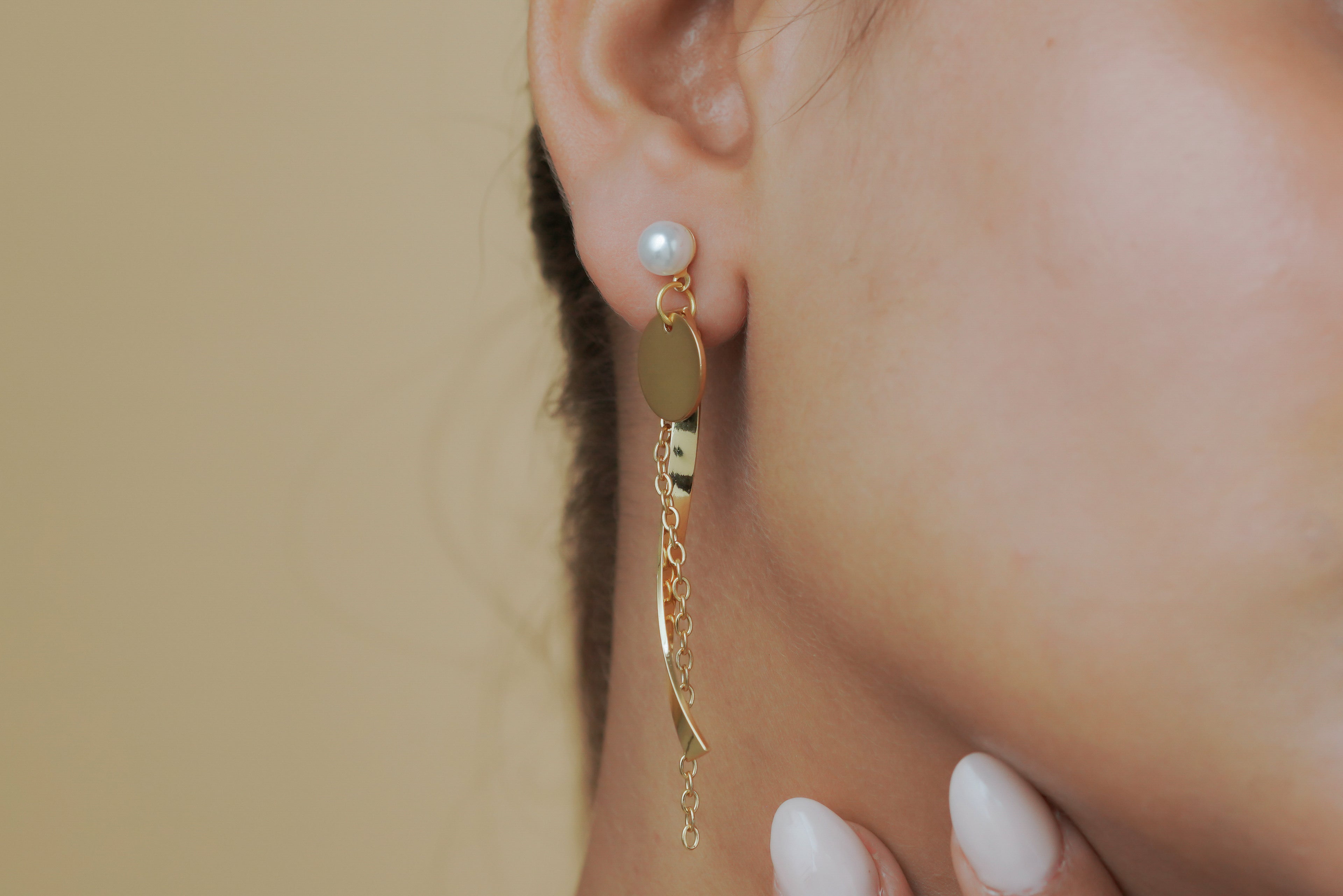Pearl Stud with Twisted Bar & Chain Drop Earrings