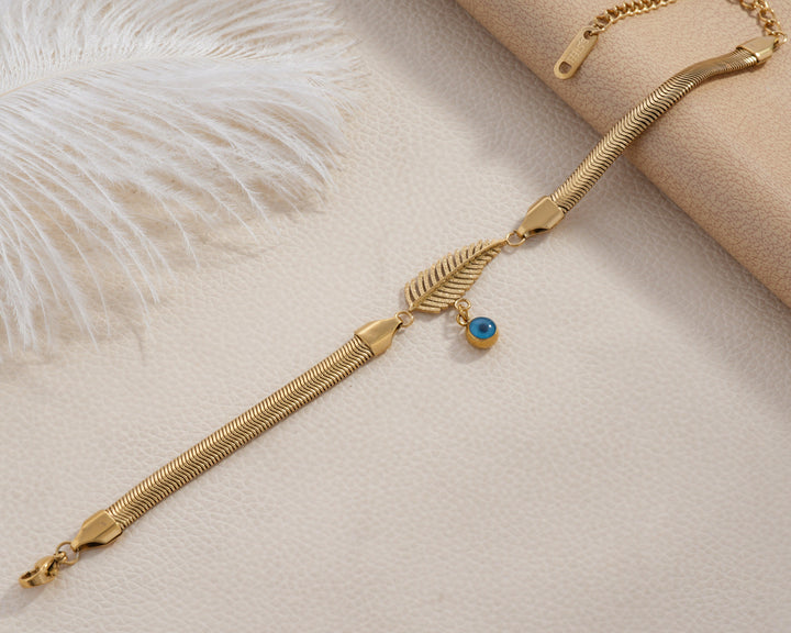 Feather & Blue Stone Herringbone Bracelet