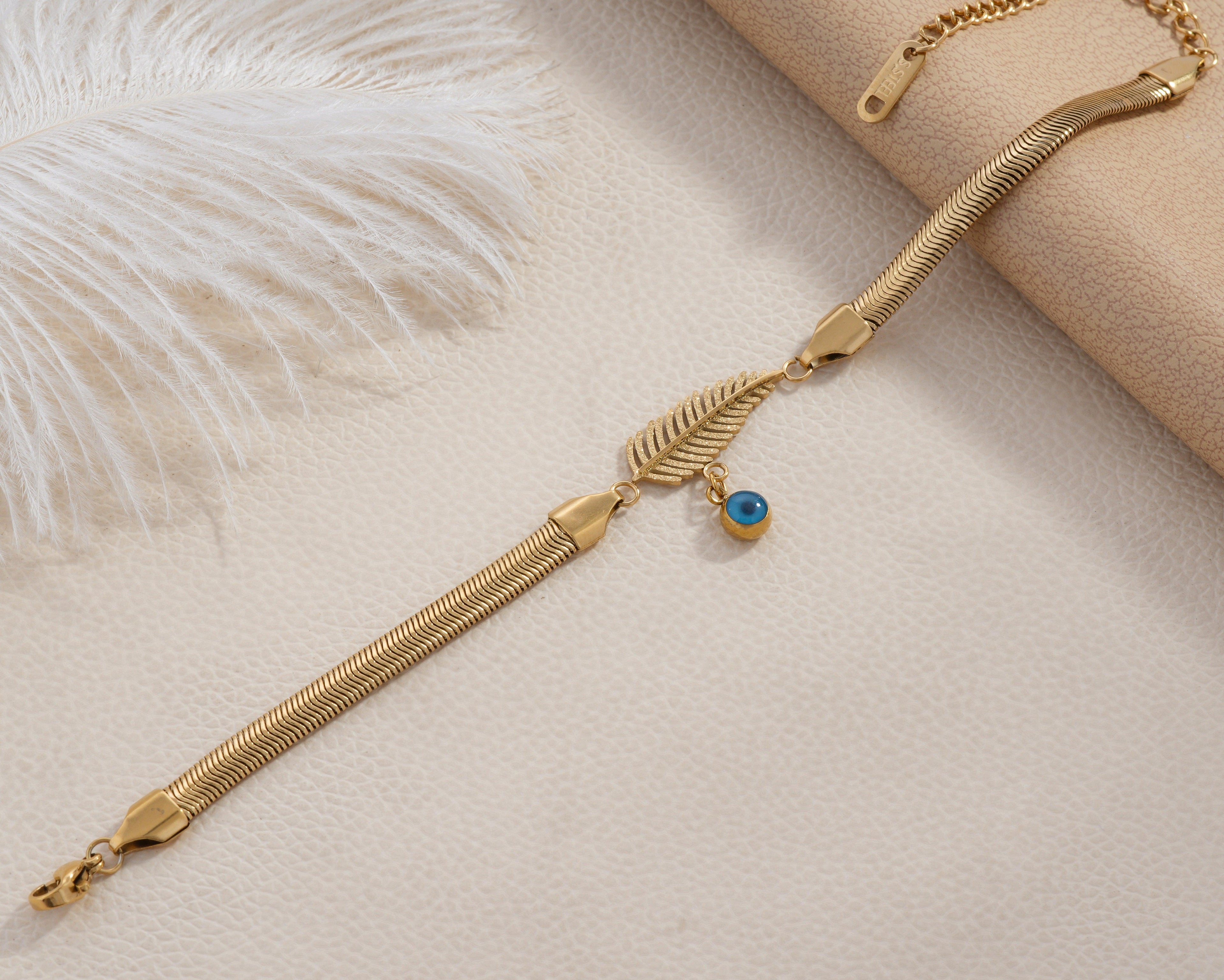 Feather & Blue Stone Herringbone Bracelet