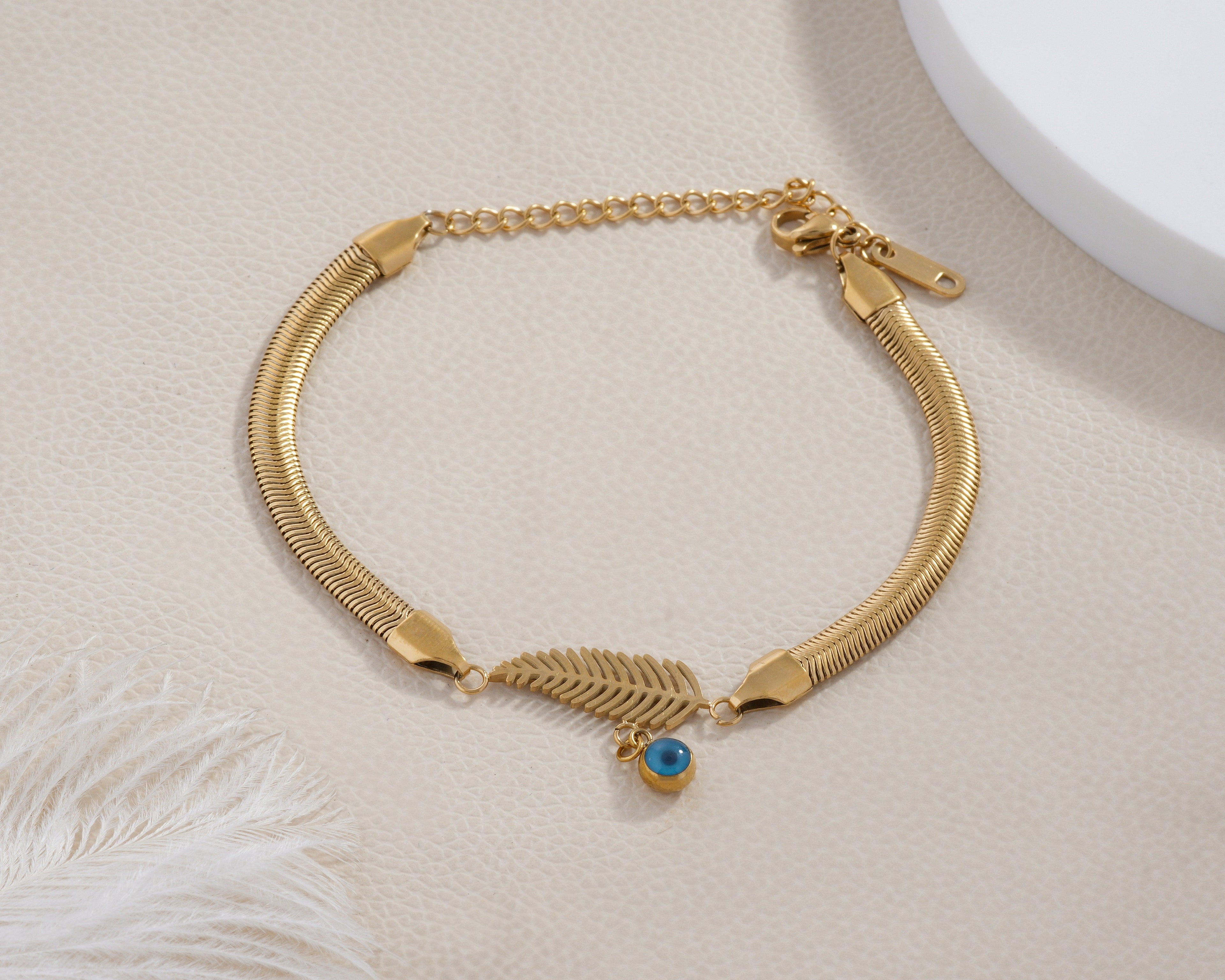 Feather & Blue Stone Herringbone Bracelet