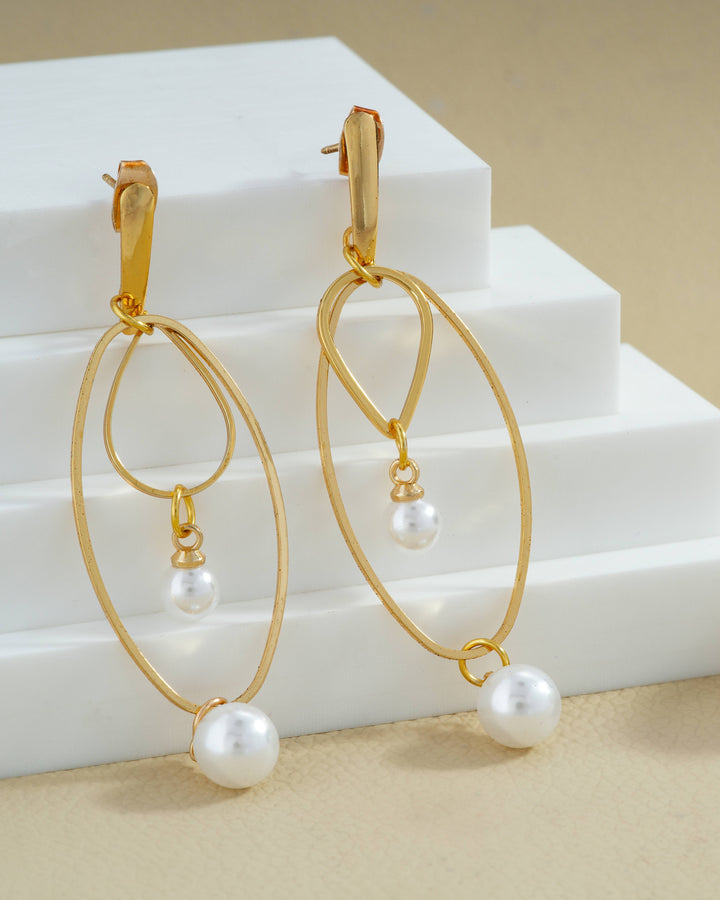 Oval Frame Double Pearl Drop Earrings