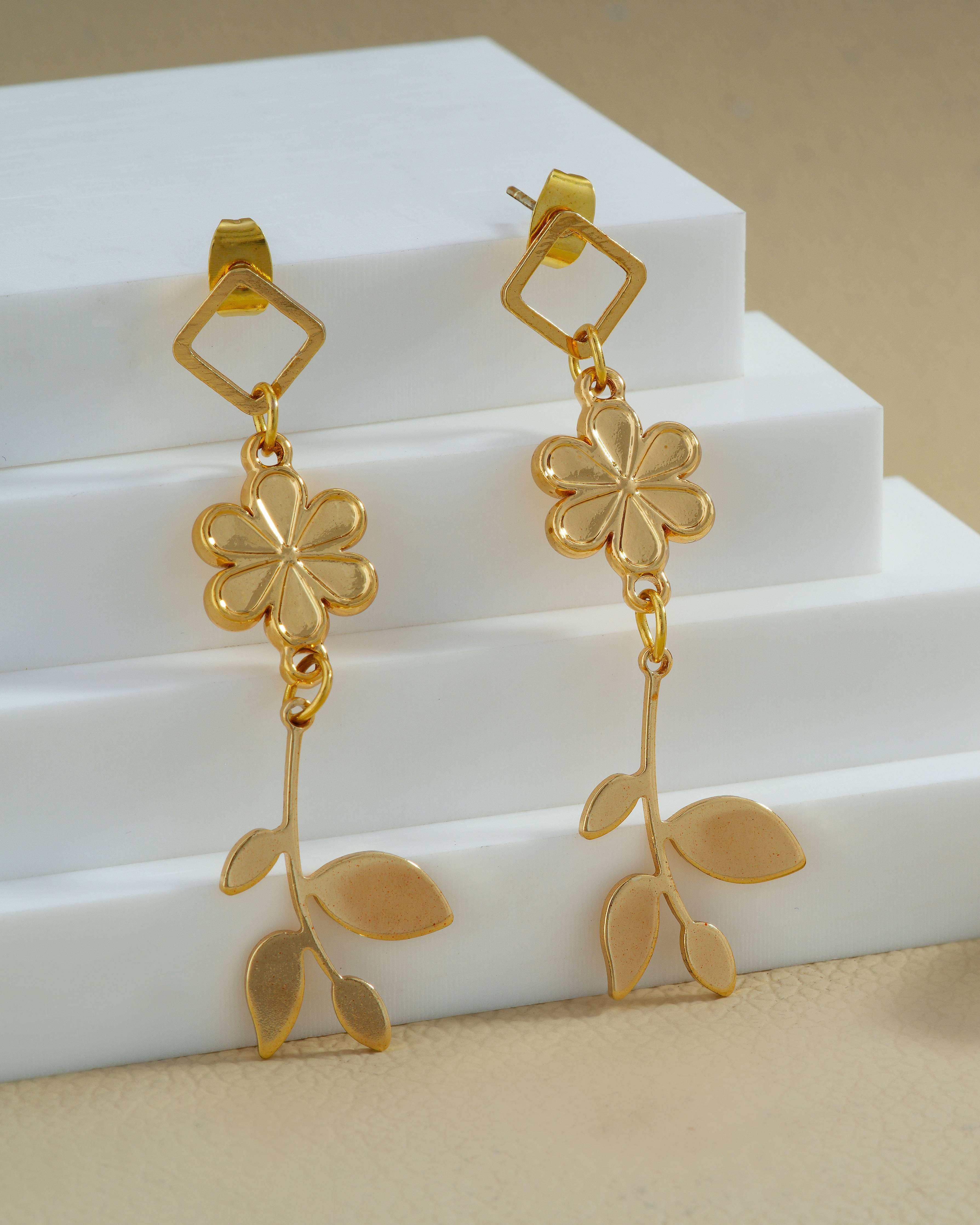 Diamond Stud & Flower Stem Drop Earrings