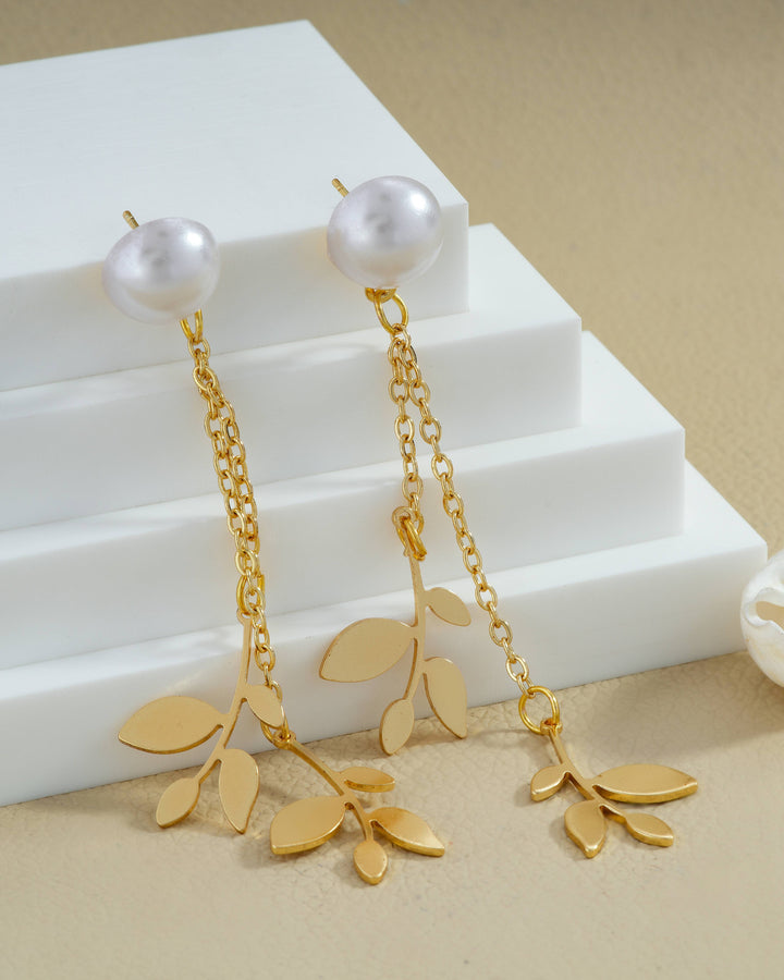 Pearl & Leaf Chain Drop Earrings