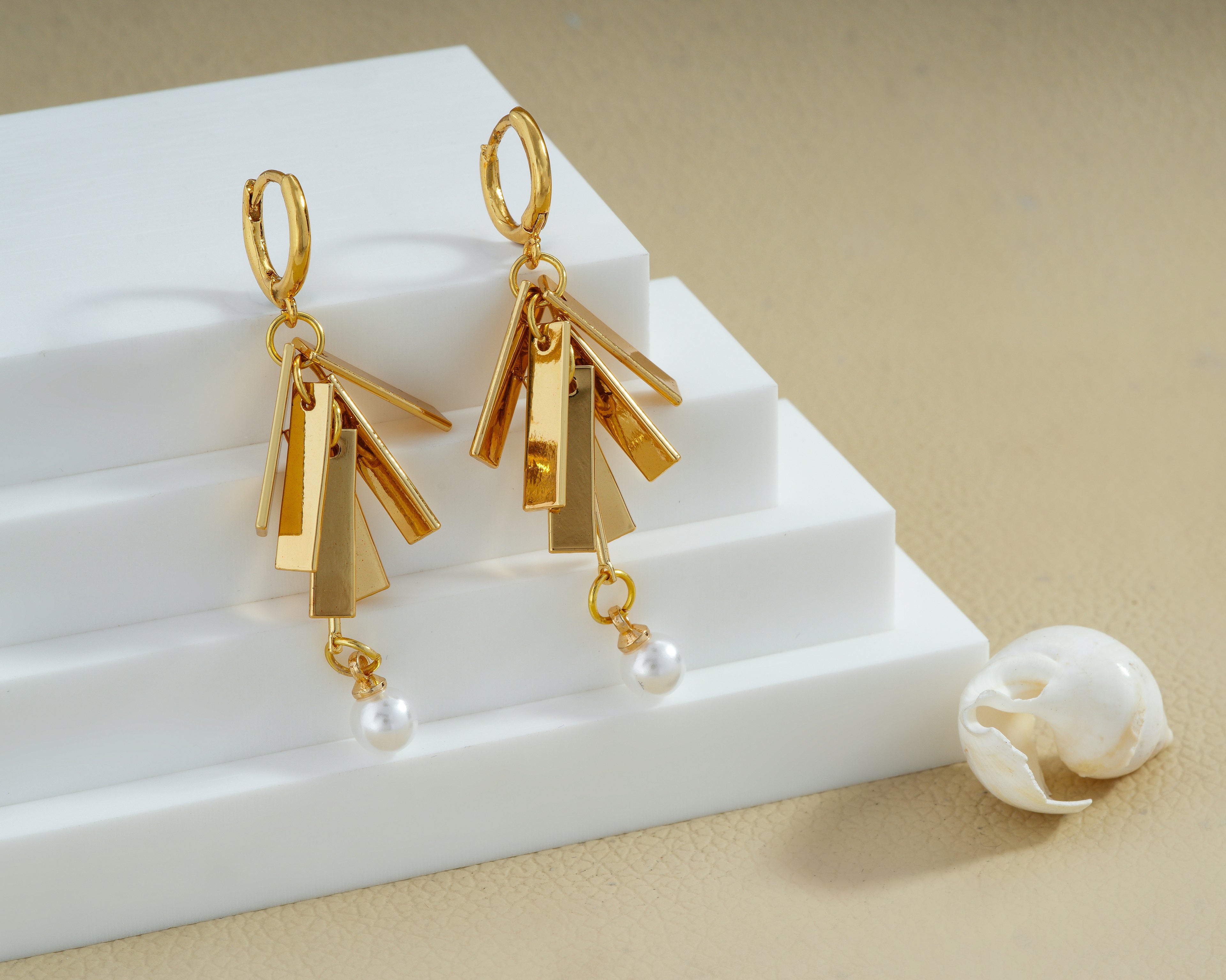 Geometric Bar & Pearl Charm Earrings