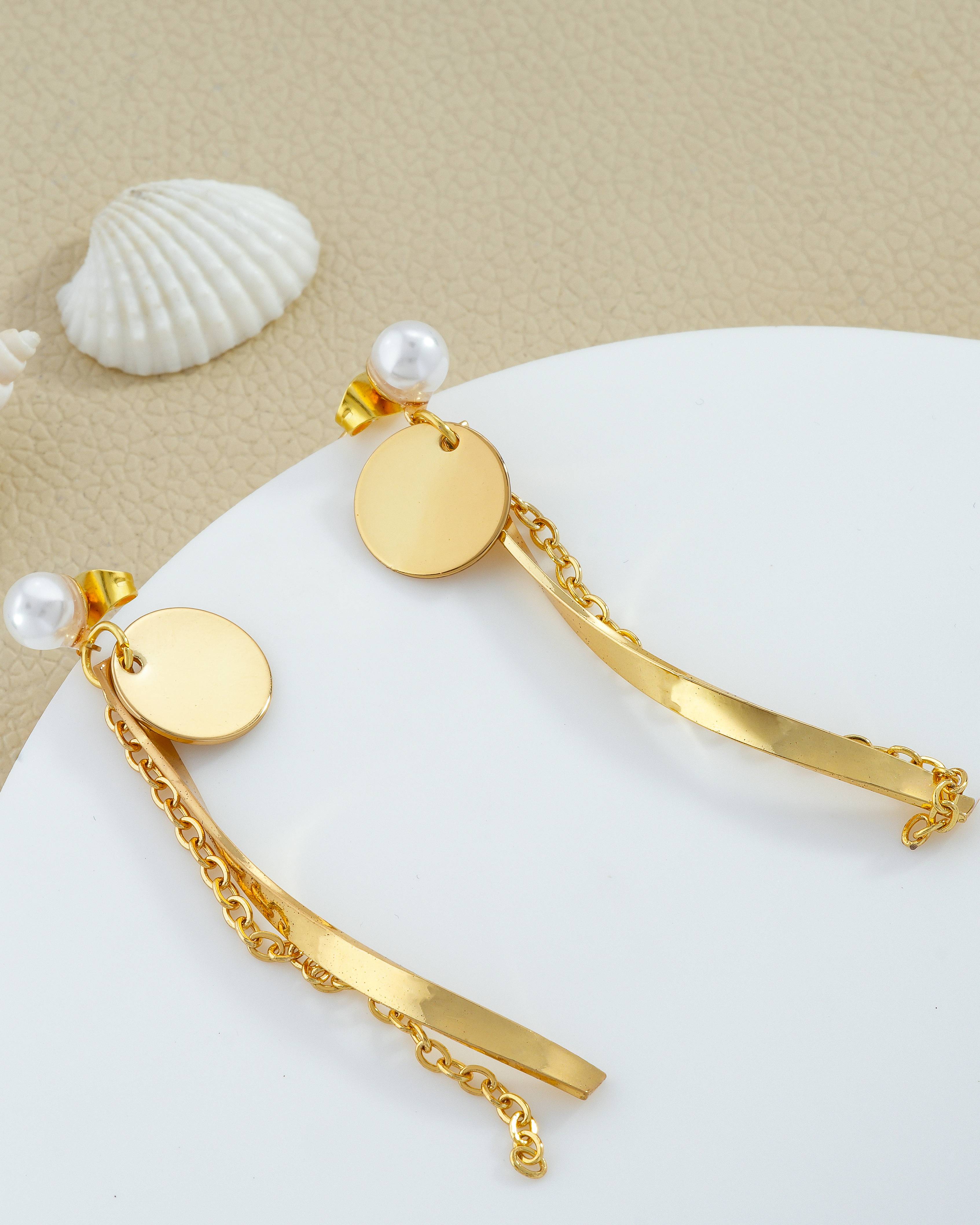 Pearl Stud with Twisted Bar & Chain Drop Earrings