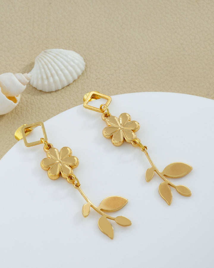 Diamond Stud & Flower Stem Drop Earrings