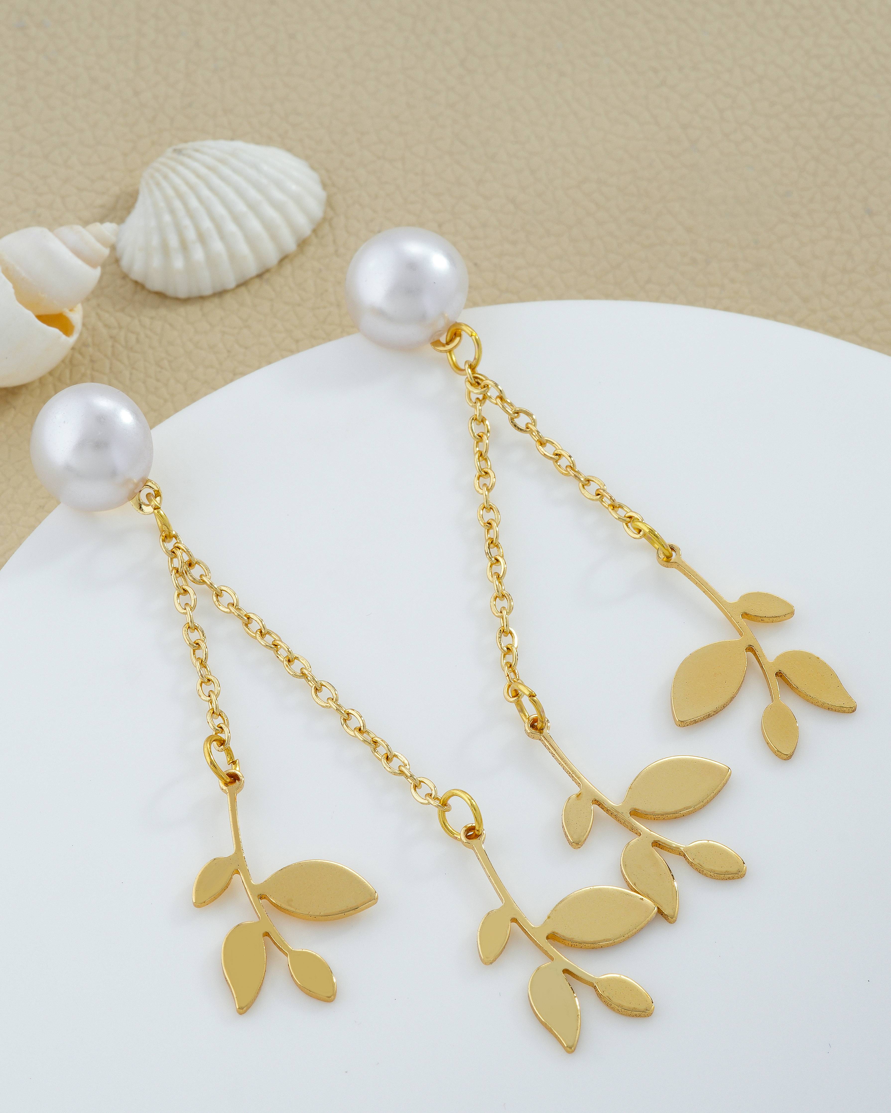 Pearl & Leaf Chain Drop Earrings