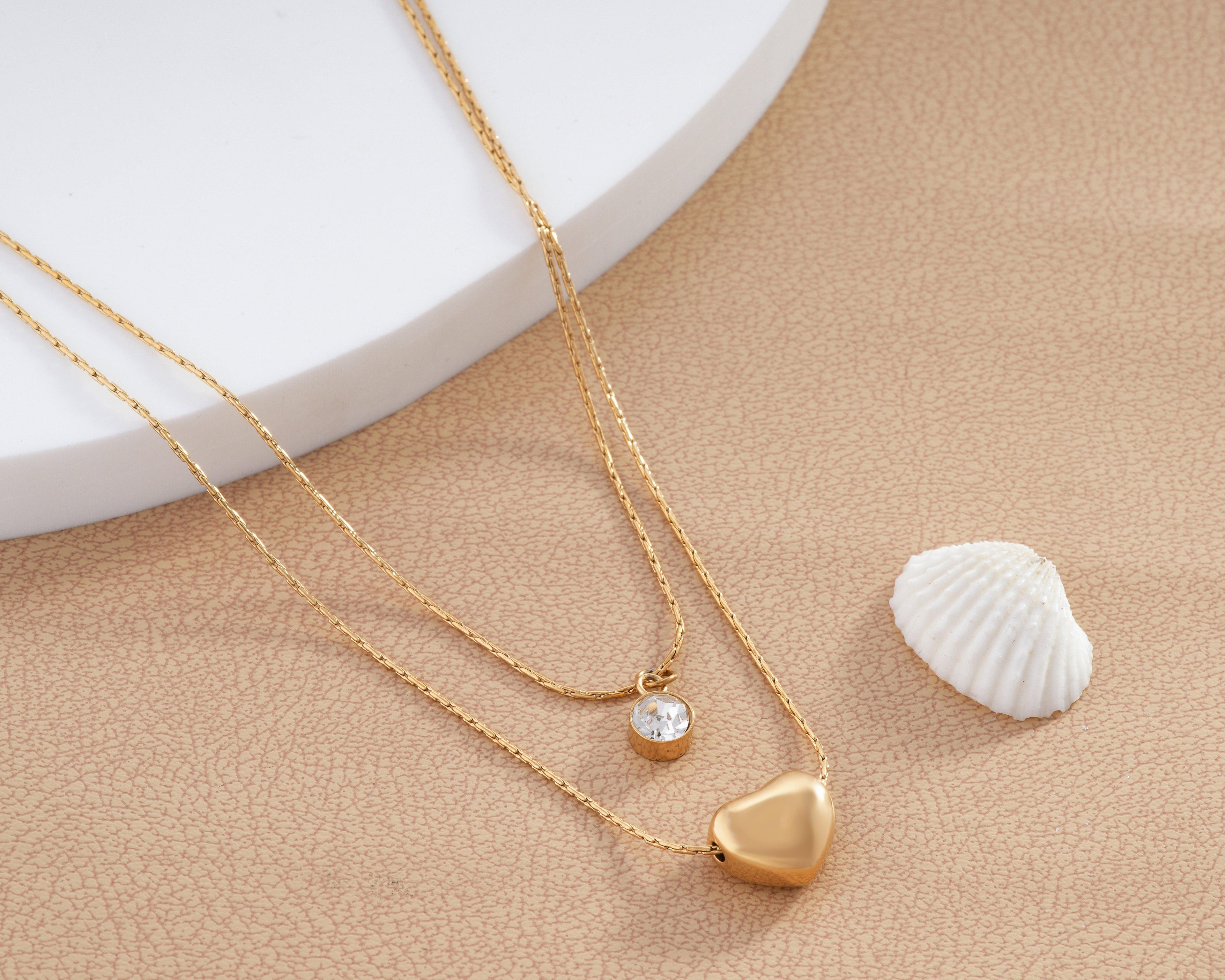 Puff Heart Solitaire Duo Necklace