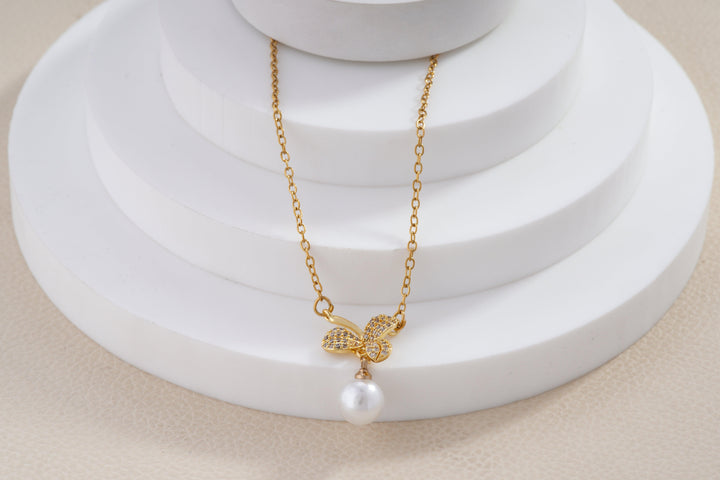 Golden Leaf & Pearl Pendant Necklace