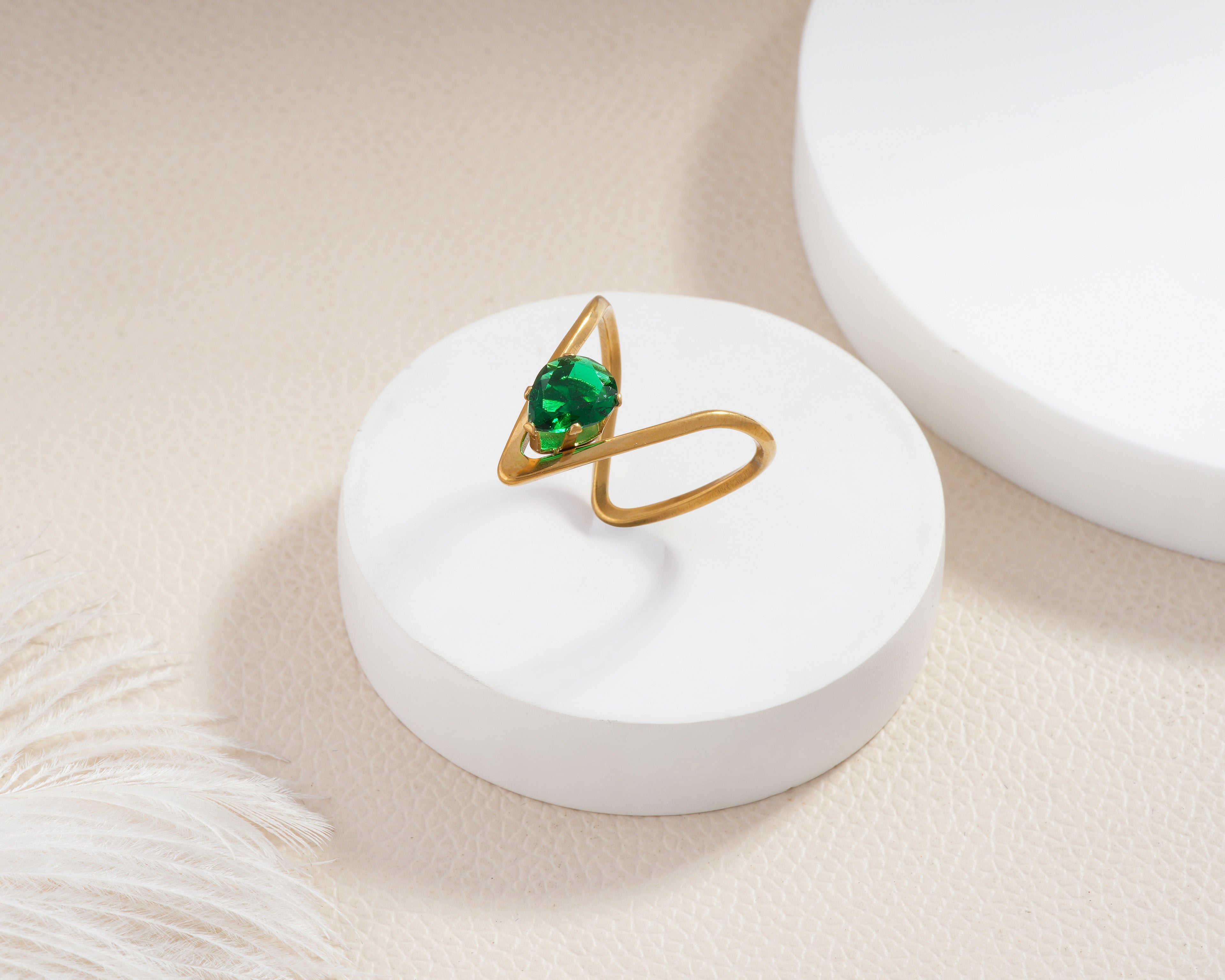 Green Stone Chevron Solitaire Ring