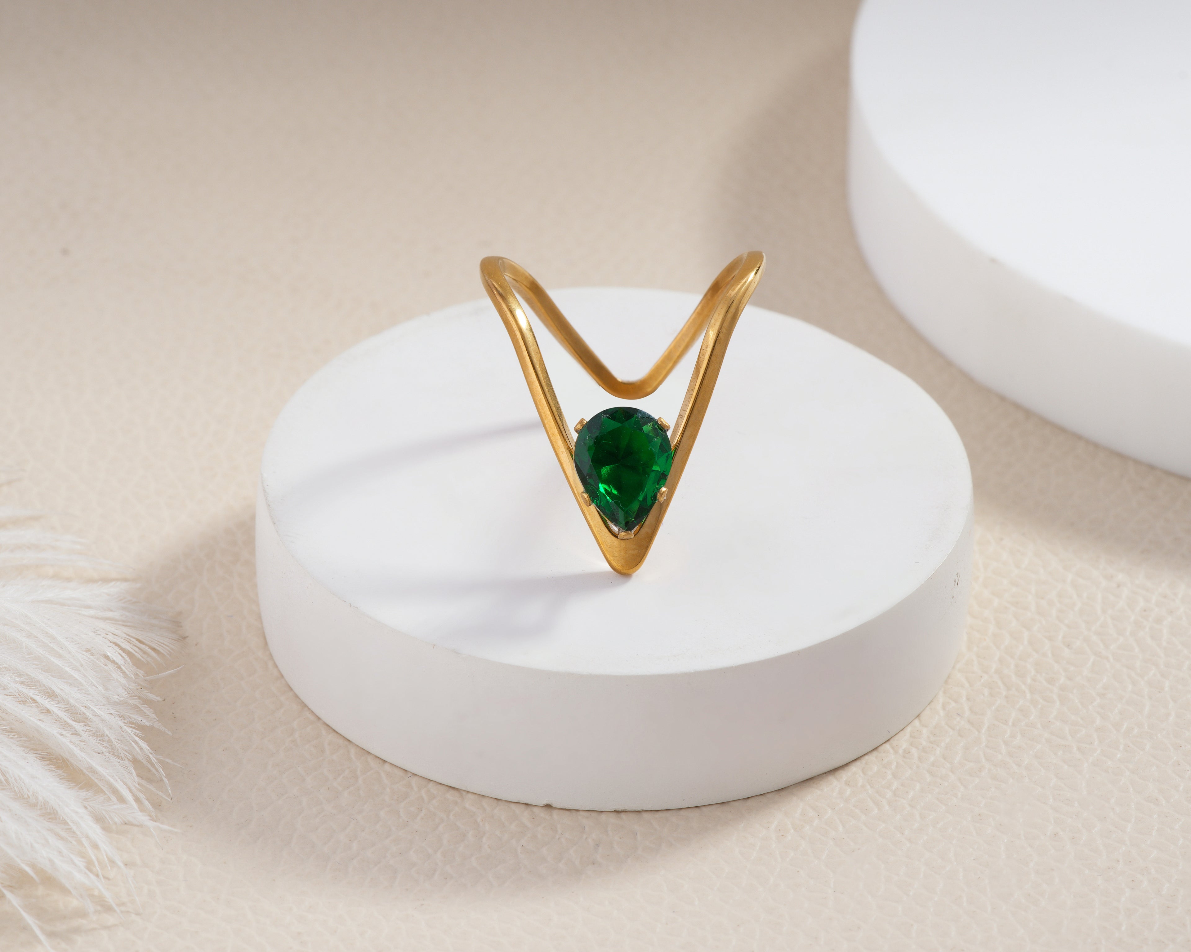 Green Stone Chevron Solitaire Ring